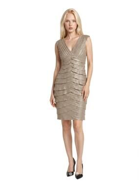 ADRIANNA PAPELL Cocktail Dress Women Size 10 Champagne Gold Mesh Ruffle Tiered